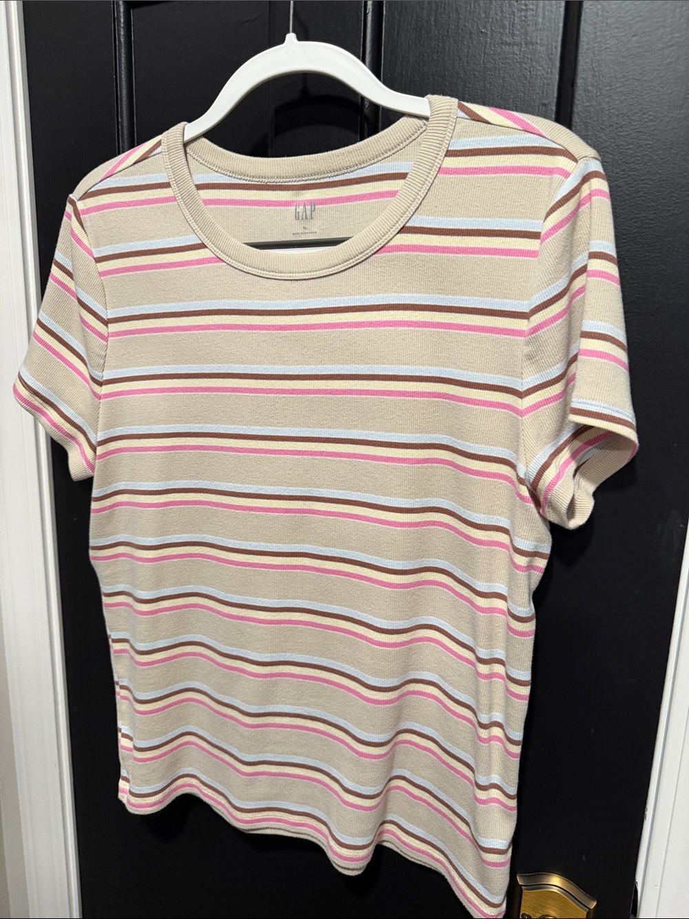 GAP Beige Short-Sleeve Crewneck Tee with Pink & White Stripes